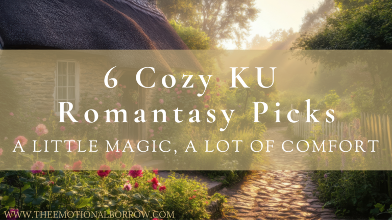 “Cottage garden path with blooming flowers and soft sunlight, promoting cozy KU romantasy book picks.”